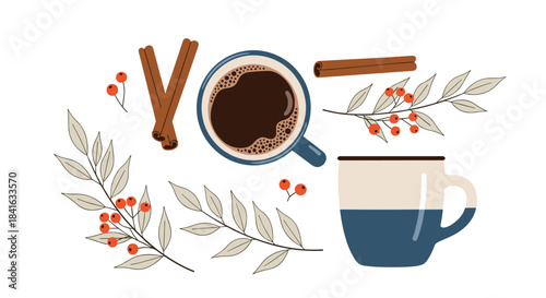 Cozy autumn and winter illustration set with coffee cinnamon sticks berries and leaves on a simple and clean white background.