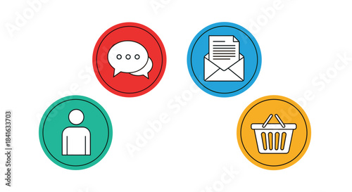 Set of four colorful circular icons for online business concepts including chat email user profile and a shopping basket.