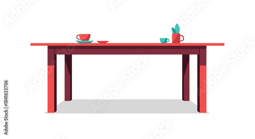 Modern and minimalist red dining table with two place settings illustrated in a simple flat design style on a white background.