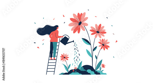 Flat vector illustration showing a woman on a ladder watering giant pink flowers representing personal growth and self-care.