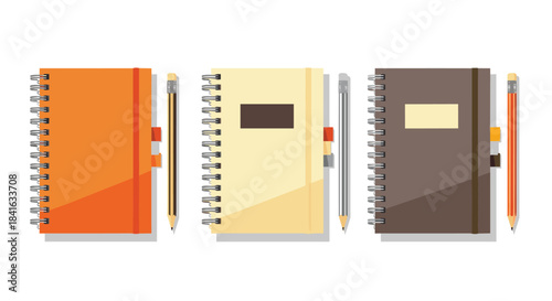 Set of three spiral-bound notebooks in different colors with matching pencils isolated on a clean and simple white background.