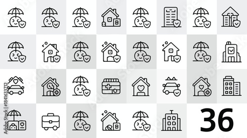 A clean vector illustration set of 50 minimalist icons representing insurance and protection for homes, businesses, and vehicles