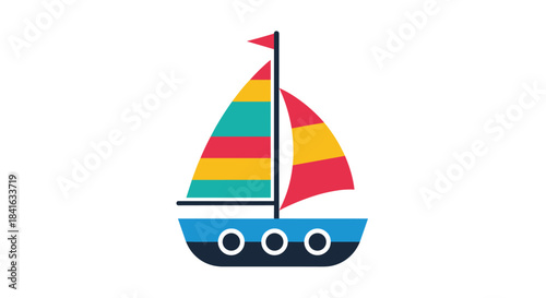 Simple and colorful cartoon sailboat with striped sails floating on the water isolated on a clean solid white background.