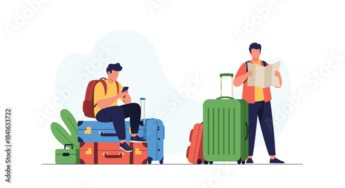 Two male travelers with backpacks and rolling luggage with one checking his phone and the other reading a travel map.