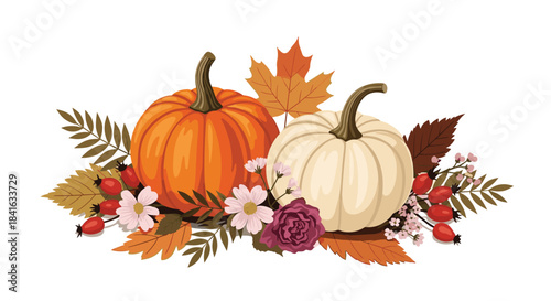 Beautiful autumn arrangement with one orange and one white pumpkin surrounded by fall leaves flowers and berries for Thanksgiving.