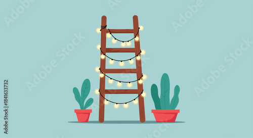 Cozy and decorative wooden ladder adorned with glowing string lights standing between two potted plants on a blue background.