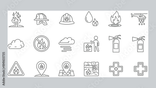 Vector linear fire safety icons depicting fire emergencies and protection measures
