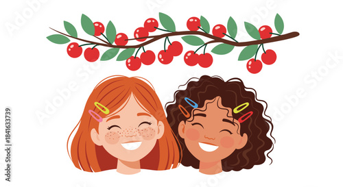 Illustration of two happy and diverse best friends a redhead and a brunette smiling under a branch full of red cherries.