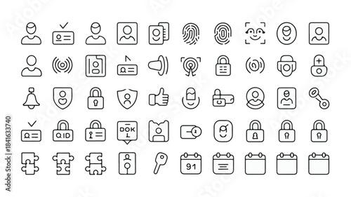 A comprehensive collection of security and identification icons, featuring people, locks, and access symbols, perfect for digital and print applications