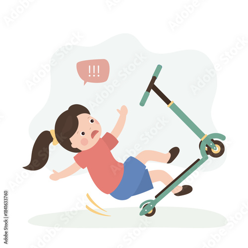Little girl falling off kick scooter. Cartoon scene with cute girl have mistake and loss control of the scooter, fear, design isolated on white background
