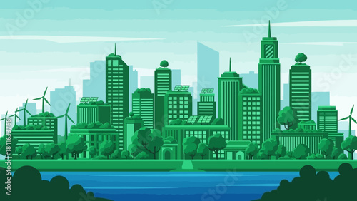 Conceptual green city skyline illustration showcasing renewable energy and sustainable