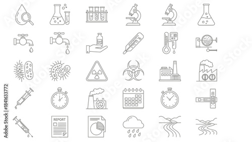 Laboratory equipment and environmental impact icons depicting scientific analysis and hazards