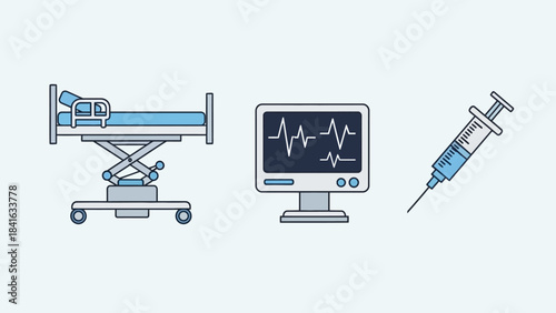 Healthcare Icons Depicting Hospital Bed, Monitor, and Syringe for Medical Concepts