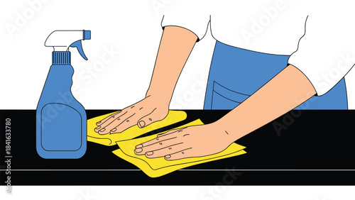 A person wearing a white shirt and blue apron cleaning a black surface with yellow cloths and a blue spray bottle