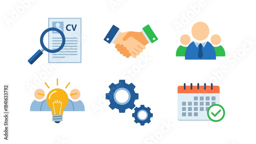 Flat design vector icons illustrating recruitment, teamwork, and business management processes