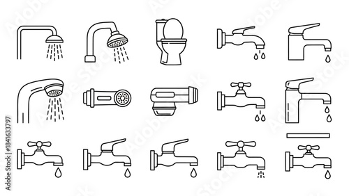 Collection of sanitary equipment line art illustrations including faucets and toilet bowl for
