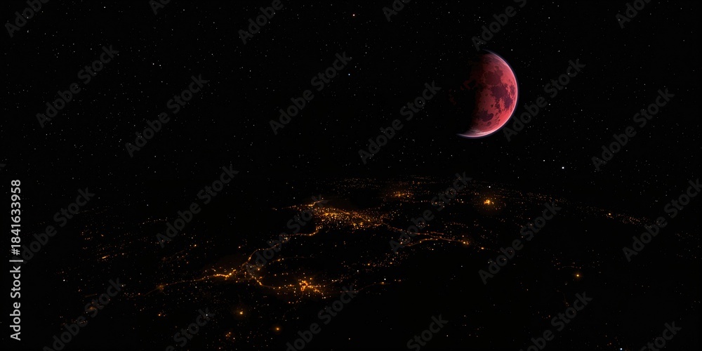 Obraz premium Earth's nighttime landscape with city lights and Mars shining in the background, illustrating celestial observation at night