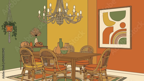 Charming dining room scene with retro aesthetic, featuring rattan furniture and earth tones