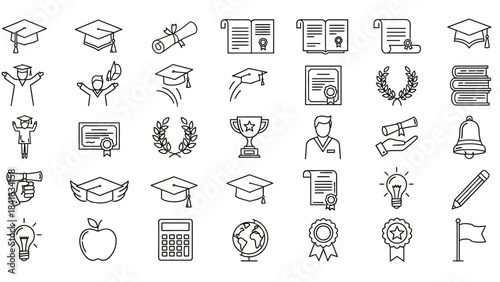 Collection of education and graduation icons representing academic success and achievements