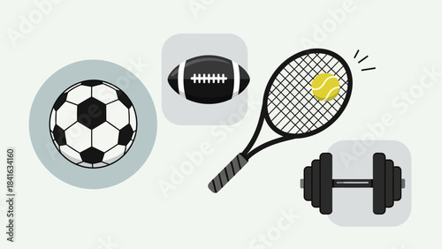 Various sports equipment including a soccer ball football tennis racket and dumbbells