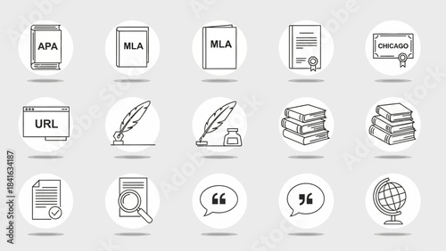 Collection of research and writing tools with academic formatting styles line art icons