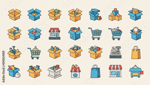 Groceries, Shopping and Store Items Symbolized in Vivid Iconographic Vector Set