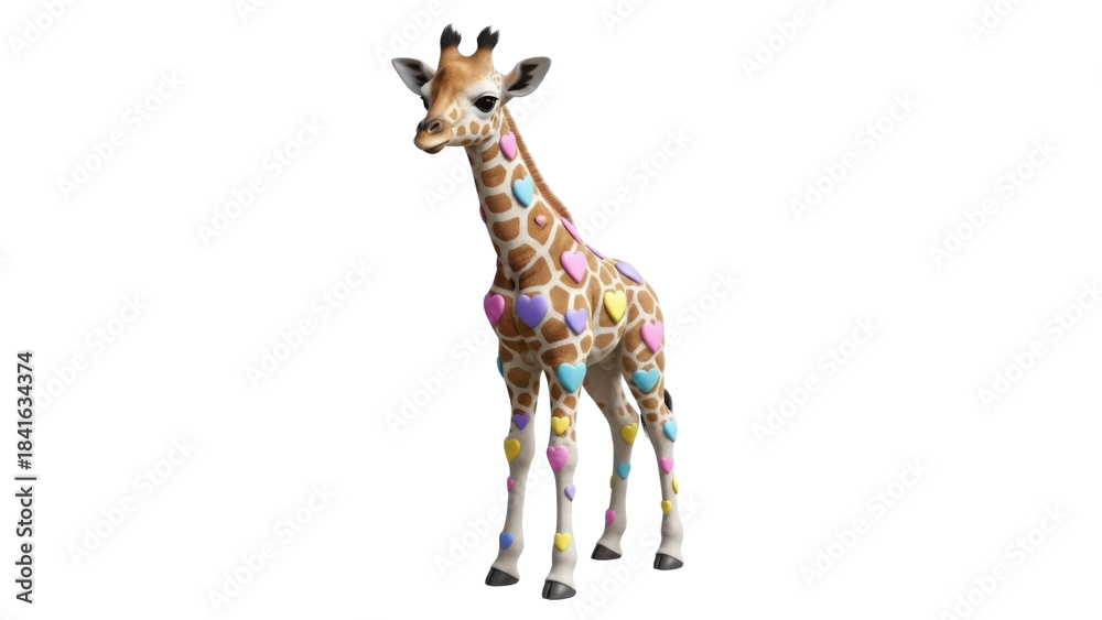 Obraz premium Cute 3D Render of Baby Giraffe with Colorful Pastel Heart-Shaped Spots isolated PNG with Transparent Background