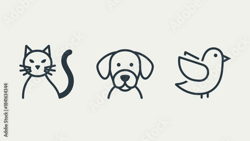 Simple linear representation of domestic animals: cat, dog and bird for minimalistic design