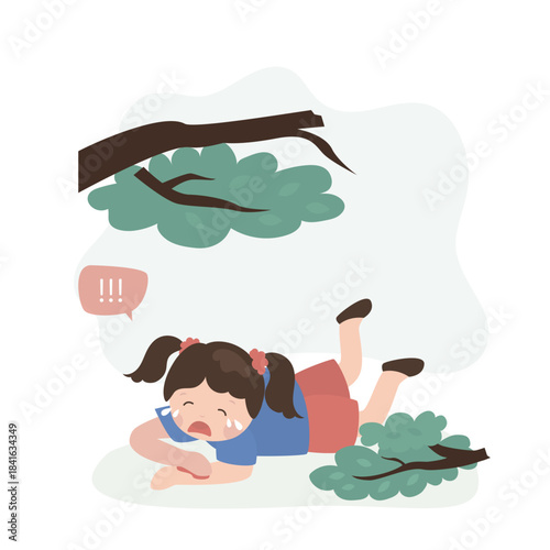 Little child crying in danger situation. Cute girl falls down from tree. Female character fells down suffering from injury and pain, design isolated on white background.