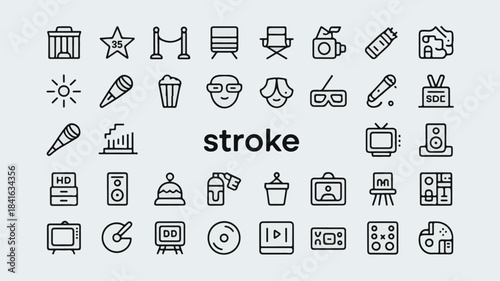 A collection of entertainment and media related icons featuring symbols for cinema, music, and broadcasting, presented in a clean vector art style