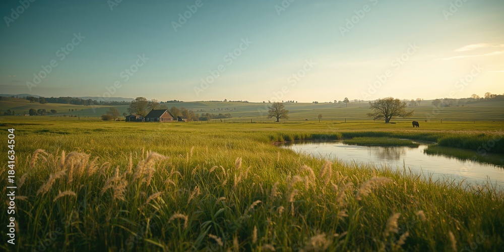 Naklejka premium Scenic village meadow with expansive horizon view, suitable for nature-themed editorial headers