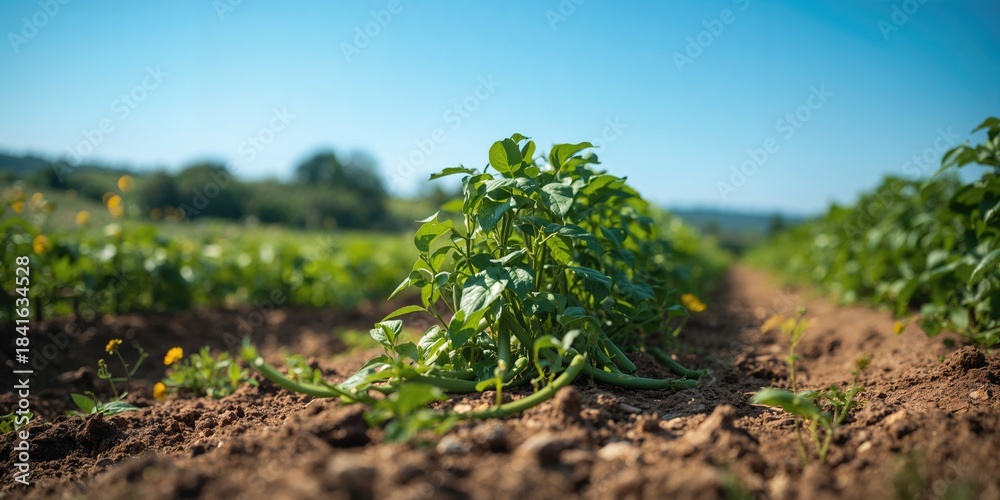 Naklejka premium French beans on a vegetable patch used for home gardening, seasonal growth patterns