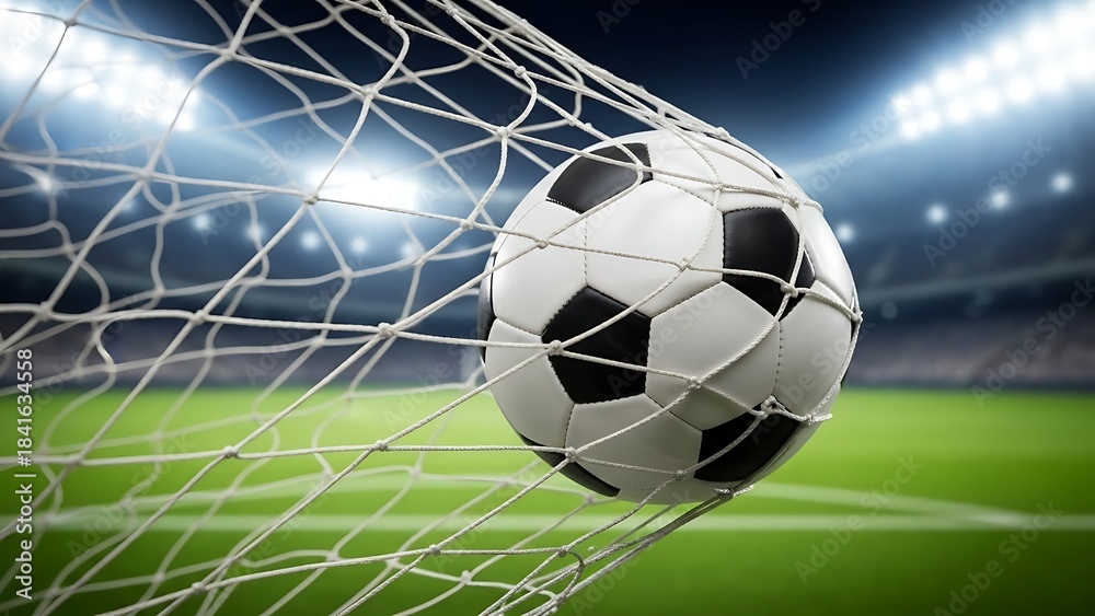Naklejka premium A classic black and white soccer ball is caught in the net of a goalpost on a brightly lit sports stadium field during a nighttime match