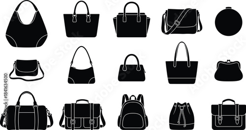 Silhouettes of assorted handbags, purses, backpacks, and travel bags arranged in rows, isolated on white background, representing fashion accessories, modern design, and stylish luggage