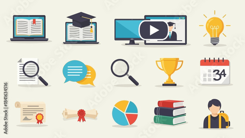 Diverse educational elements showcasing online learning and academic achievements