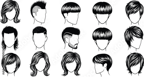 Collection of various male and female hairstyles including modern cuts classic looks trendy styles hair illustrations for salon barbershop fashion design use