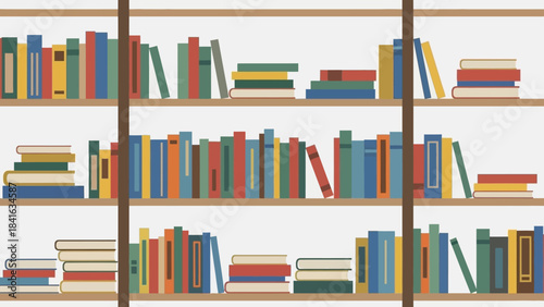 Vibrant bookshelf showcasing stacks of books across multiple levels, literary design element