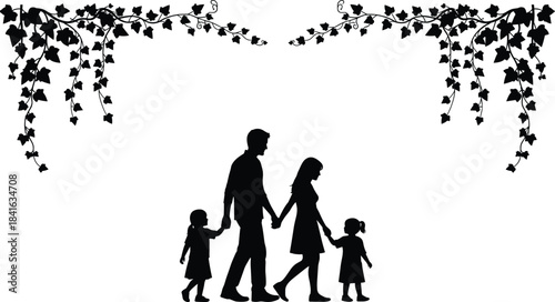 Family walking together silhouette with parents and children under decorative ivy vines, nature border frame, floral illustration design element