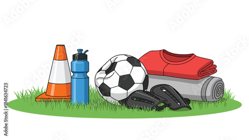 Soccer equipment and accessories on grass with