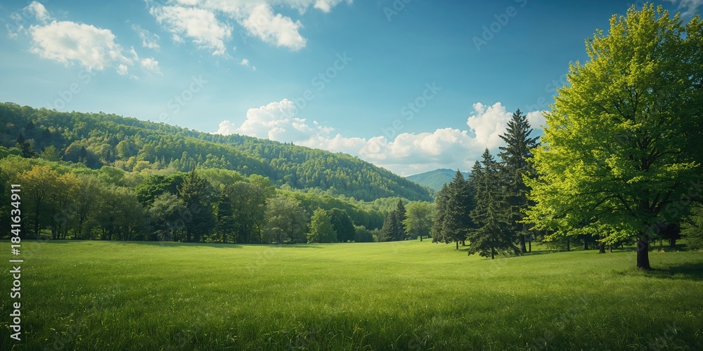 Naklejka premium Colorful natural scene showing mixed forest and expansive grassy valley, ideal for environmental or landscape layouts