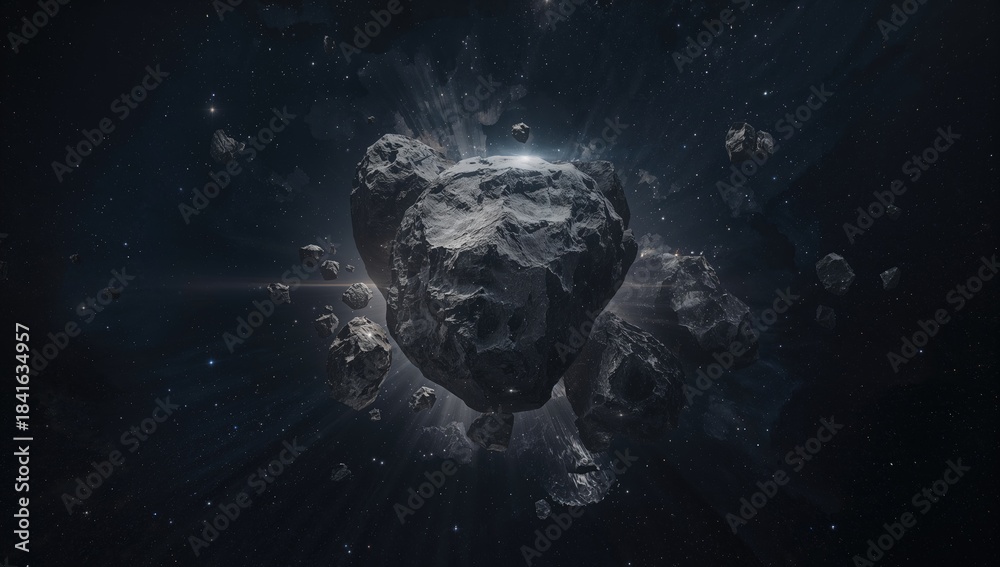 Obraz premium Large asteroid collage with cratered surfaces serving as a space exploration backdrop, International Asteroid Day