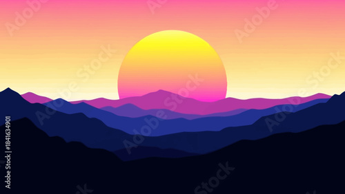 Retro sunset vista: a serene landscape of layered mountain ranges basking in warm pastel hues