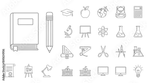 Outline styled illustration presenting school supplies and education related items in detail