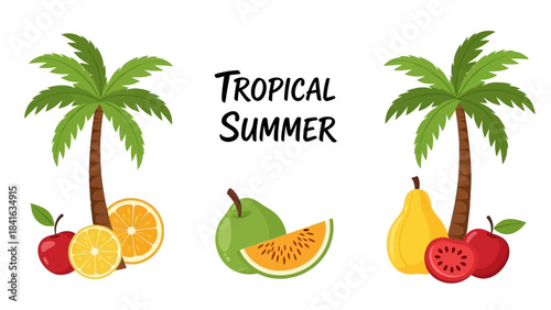 Vibrant Tropical Paradise: A Colorful Depiction of Summer Fruits and Palm Trees design