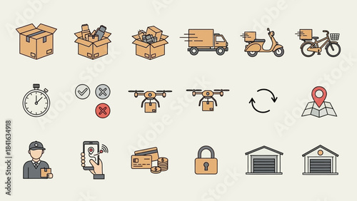 Illustrative icons set symbolizing delivery services and logistical processes