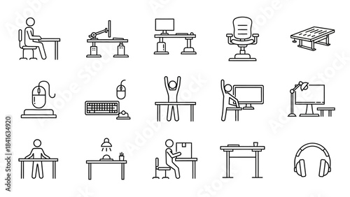 Collection of office furniture and ergonomic workstation icons promoting healthy working from home