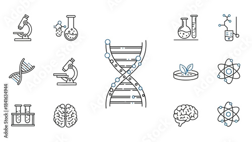 Science and research icons set, symbolizing scientific research and technological advancements,
