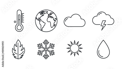 Climate change and weather forecast symbols representing global conditions and environmental