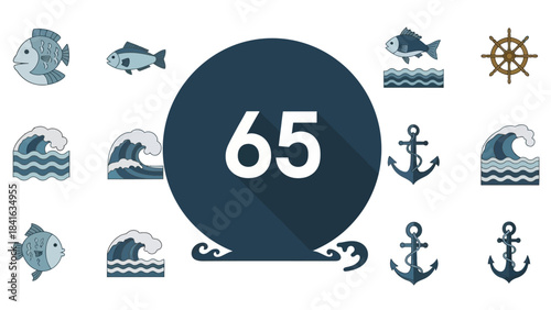 Stylized nautical icons with the number 65 on a circular background flat design