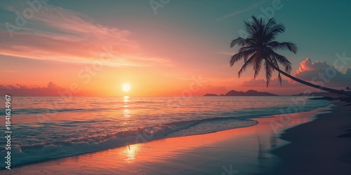 Scenic sunset over a beach with water and sky, suitable for nature-themed layout or travel visuals